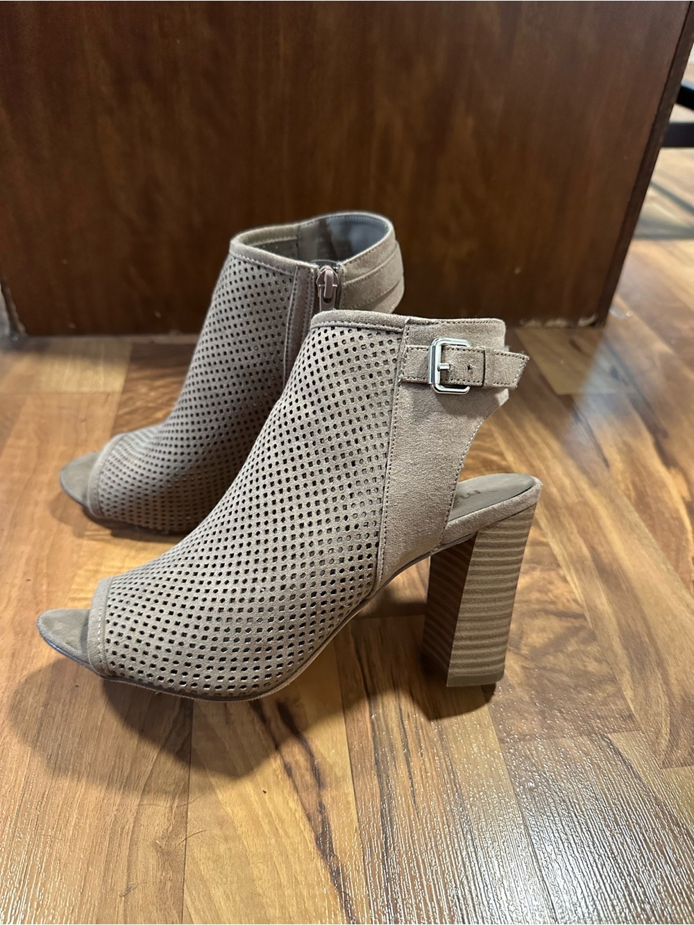 Madden NYC Women’s Perforated Taupe Peep-Toe Ankle Booties with Buckle